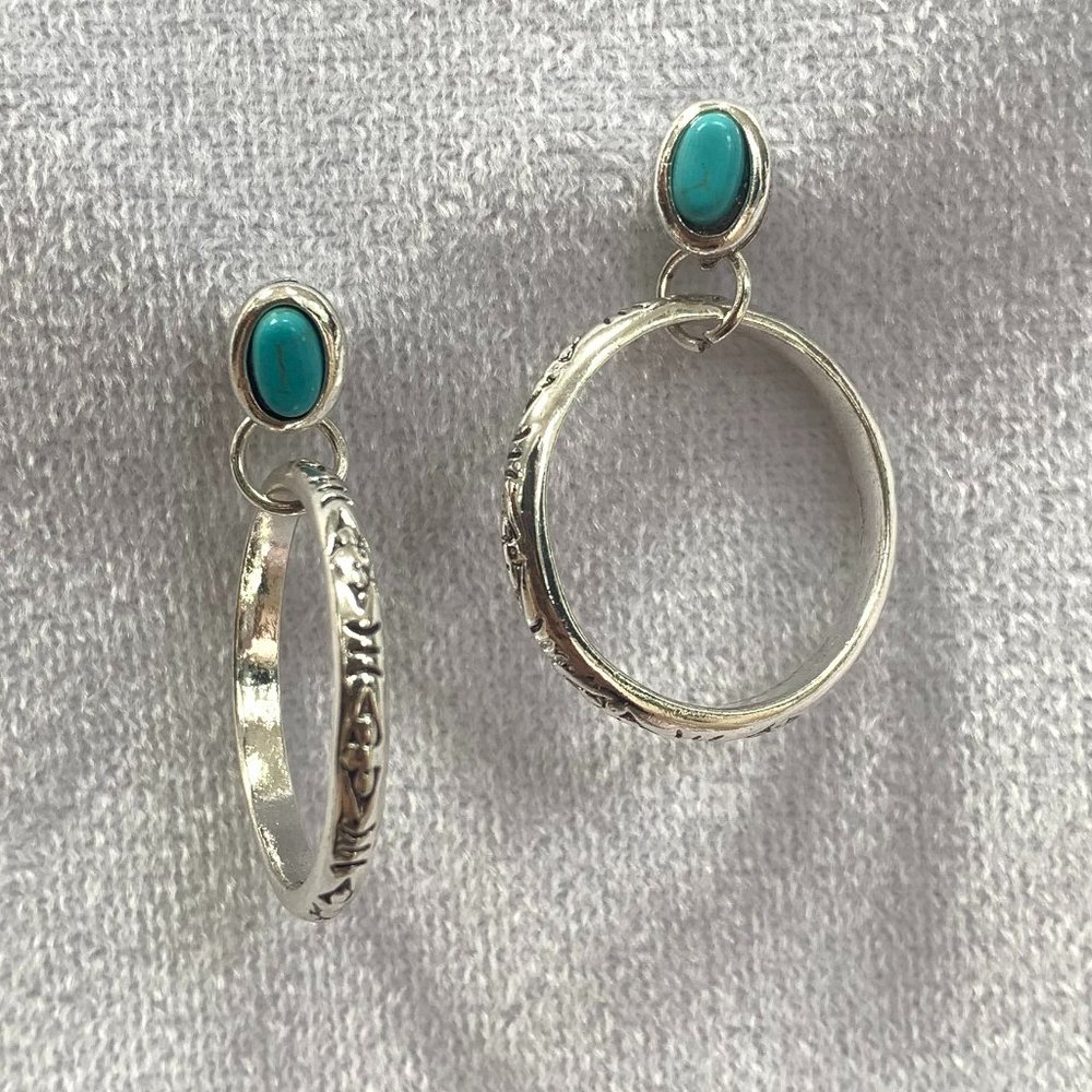 Etched Drop Hoop with Turquoise Gemstone Earrings - Picture 5 of 9